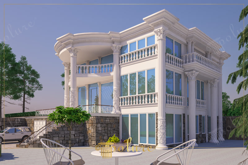 Patio Perspective 3D Render of White Villa with Curved Balcony
