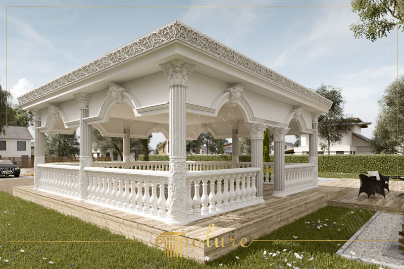 Oblique 3D Render of White Carved Garden Gazebo