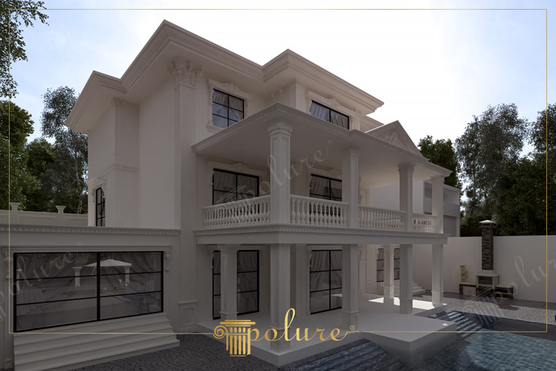 Oblique 3D Render of White Villa Poolside Terrace