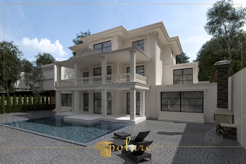 Wide 3D Render of White Villa Backyard Pool