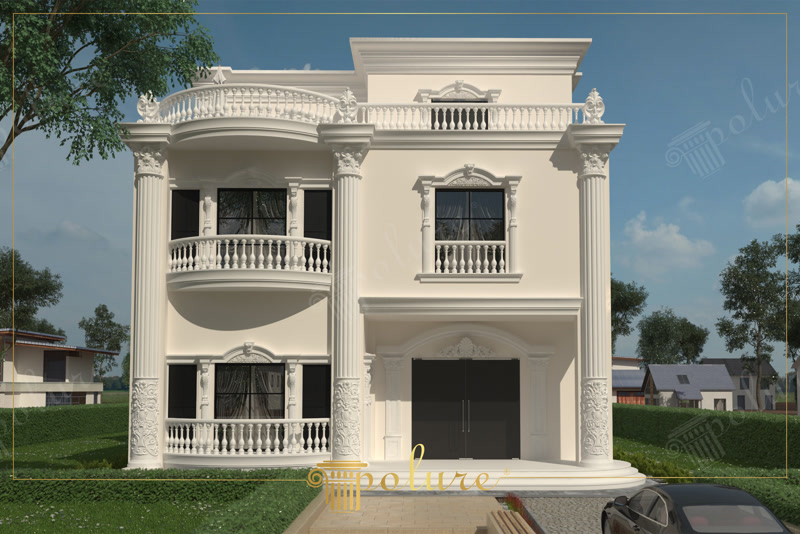 Front Facade 3D Render of Cream Neoclassical Villa