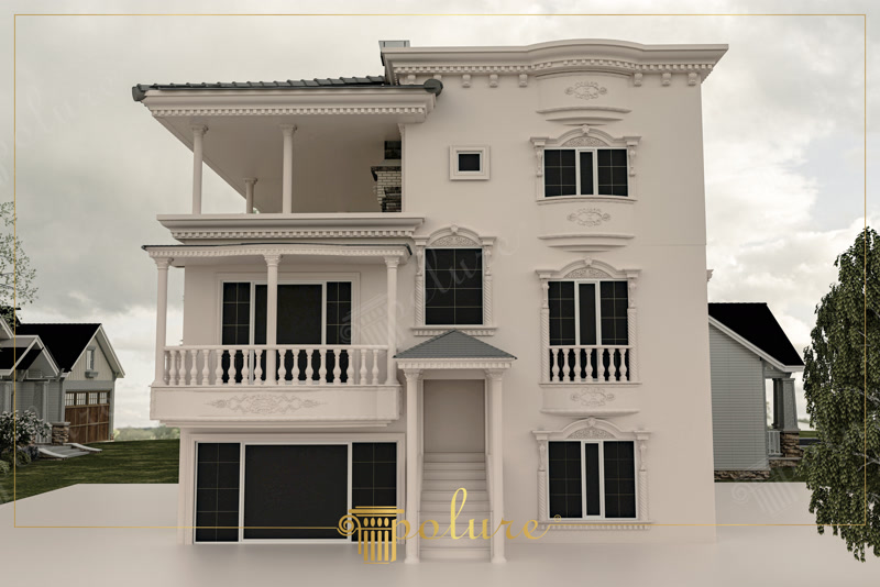 Front View CAD Render of Three-Story Cream Villa