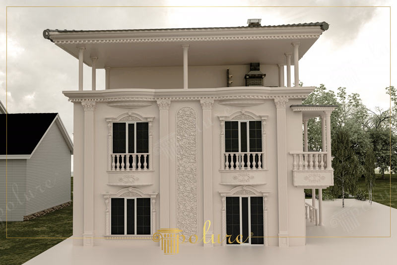Side Facade CAD Render of Cream Villa Architectural Trim