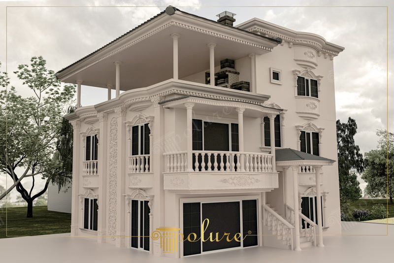 Oblique 3D Render of Three-Story Cream Villa