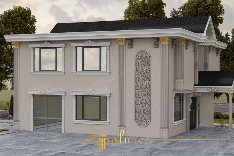 Oblique 3D Render of Beige Two-Story Villa