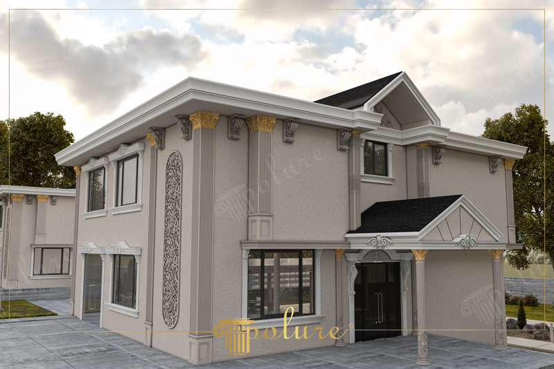 Oblique 3D Render of Beige Villa with Porch Portico
