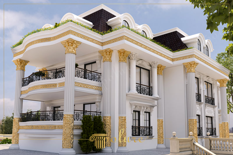 Upward CAD Render of White Mansion with Gold Filigree Columns