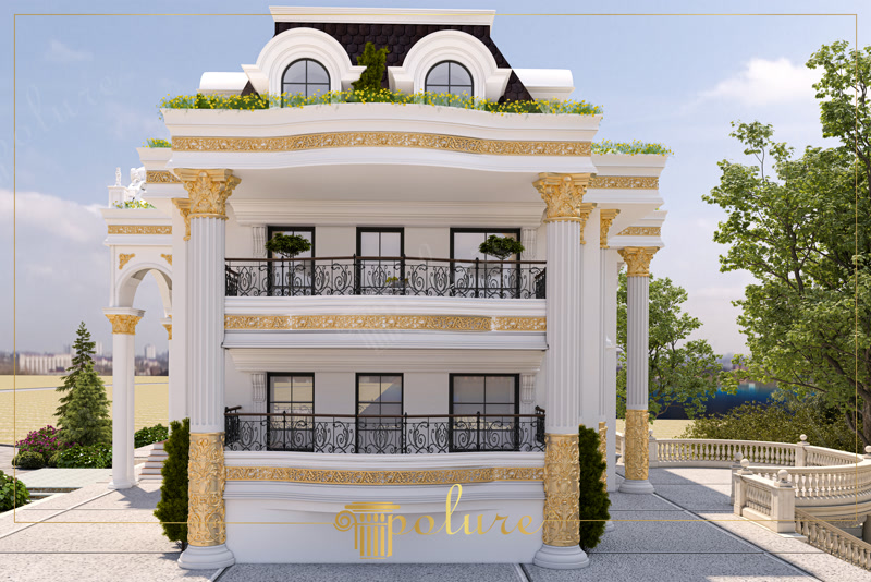 Front Facade CAD Render of White Mansion with Gold Trim