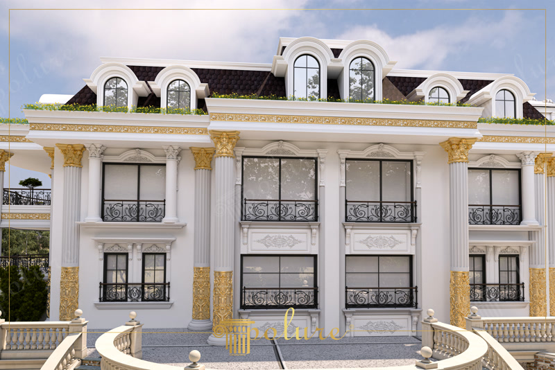 Front Facade Elevation CAD Render of White Gold Mansion