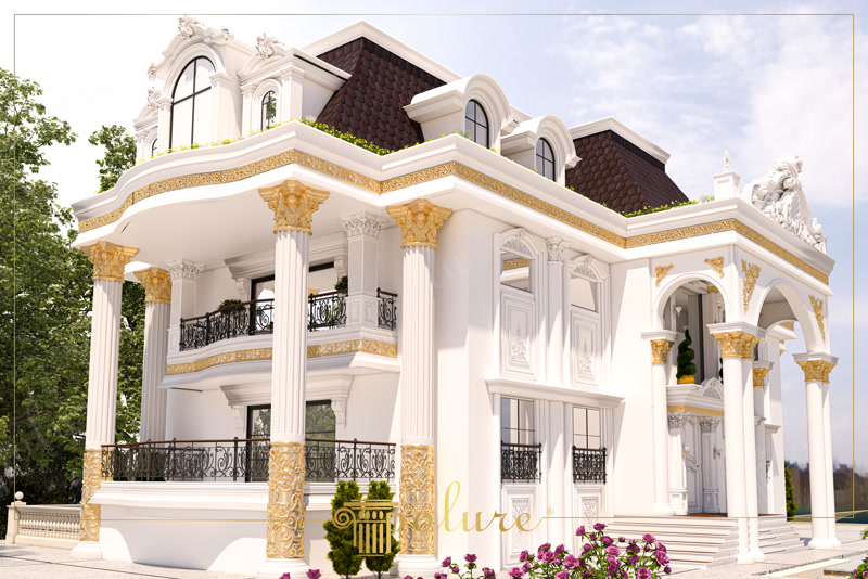 Upward 3D Render of White Luxury Villa with Magenta Flowers