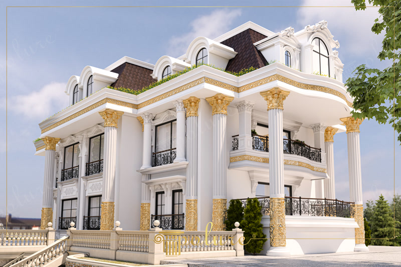 Oblique 3D Render of White Mansard Mansion