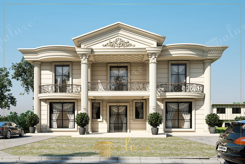 Front Facade CAD Render of Beige Two-Story Villa