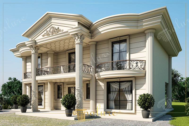 Upward CAD Render of Beige Villa with Portico Soffit