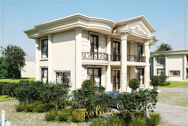Oblique 3D Render of Beige Villa with Garden Shrubbery