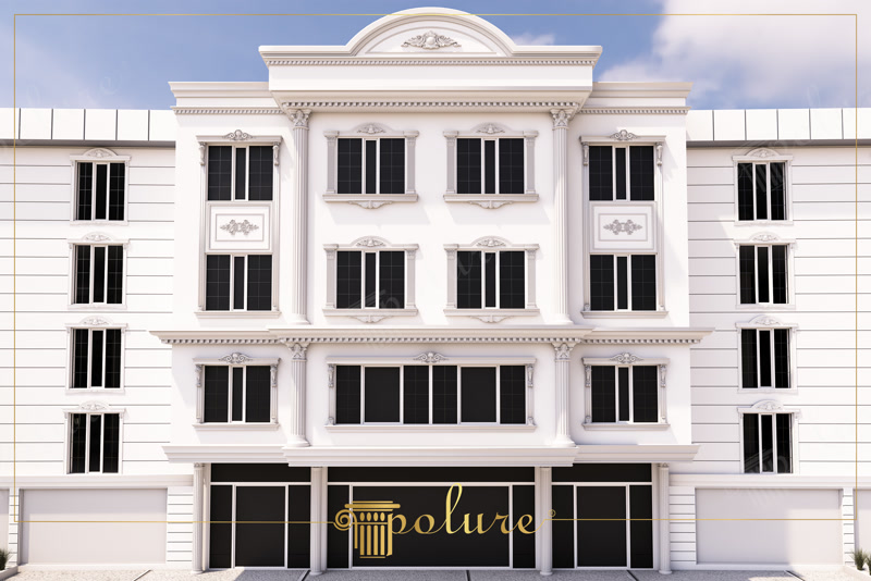 Front Facade 3D Render of Four-Story White Building