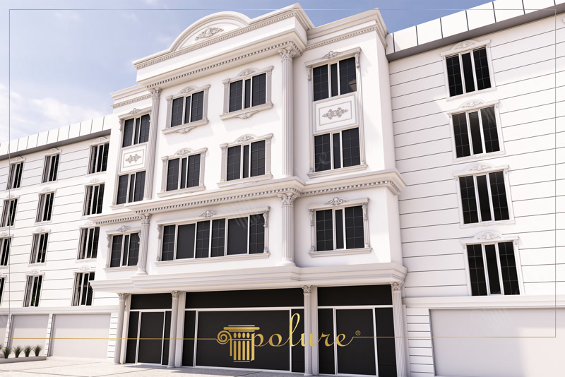 Upward CAD Render of Four-Story White Building