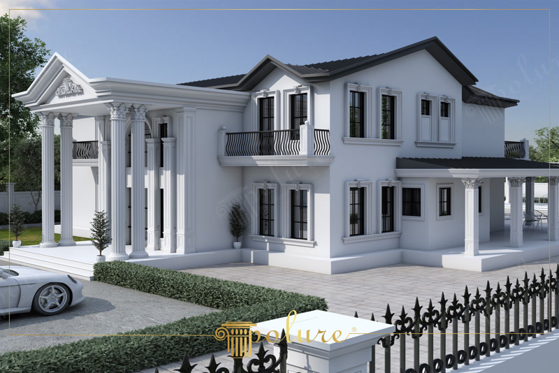 Oblique 3D Render of White Villa with Black Roof