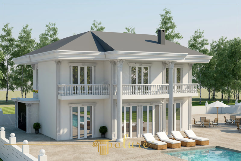 Oblique 3D Render of White Poolside Villa