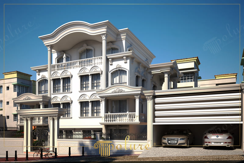 Upward CAD Render of Villa with Two-Car Garage