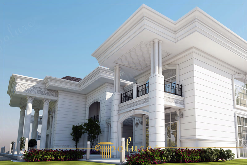 Upward CAD Render of White Villa with Rose Gardens