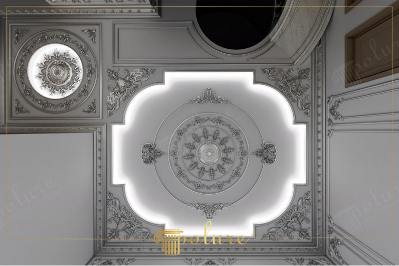 Upward Ceiling View of Silver-Grey Lobed Rosette