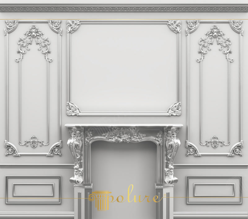 Front Wall Photo of Silver-Grey Carved Fireplace Mantle