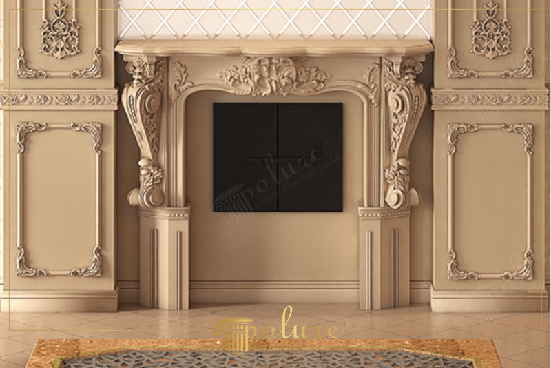 Front Wall Photo of Beige Carved Fireplace Surround