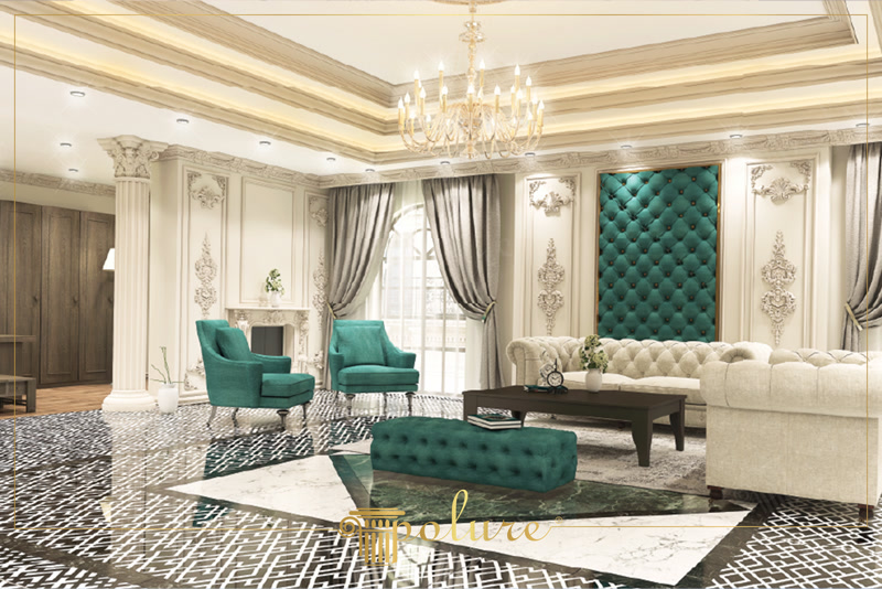 Oblique Interior Photo of Luxury Teal Lounge