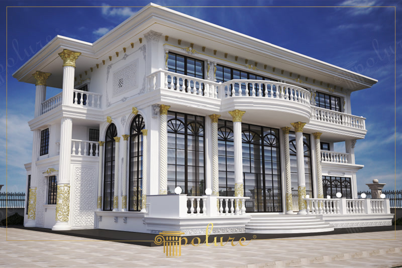 Oblique 3D Render of White Villa with Gold Capitals