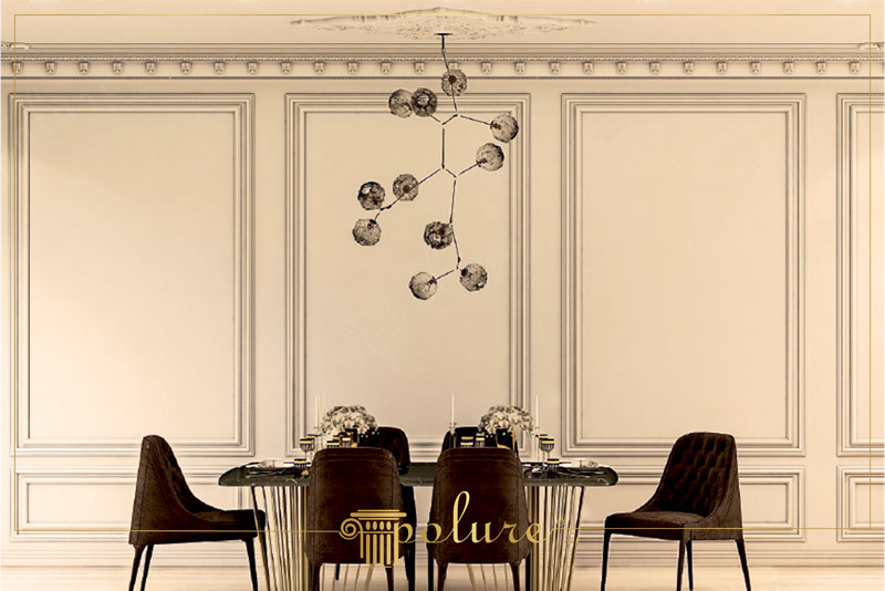 Front View Photo of Luxury Dining Room with Globe Chandelier