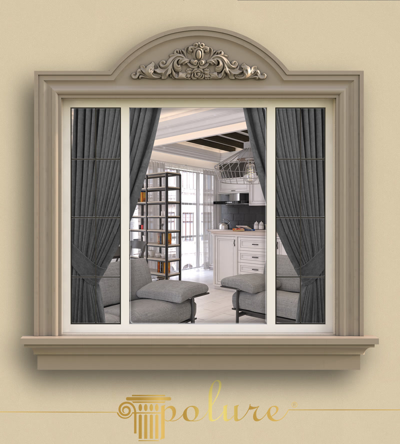 Front View Photo of Window Casing with Arched Scroll