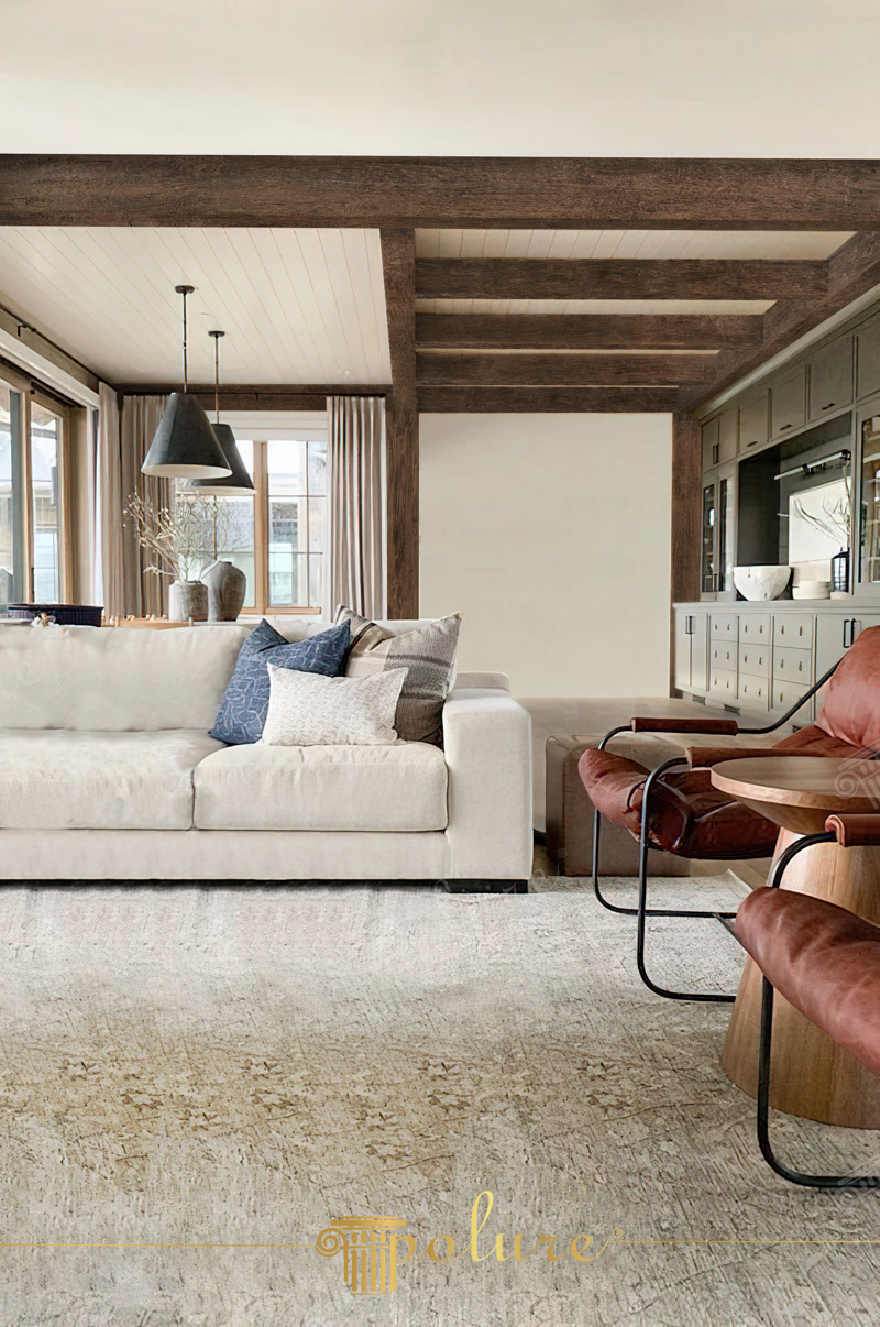 Front View Photo of Rustic Living Room with Wood Beams
