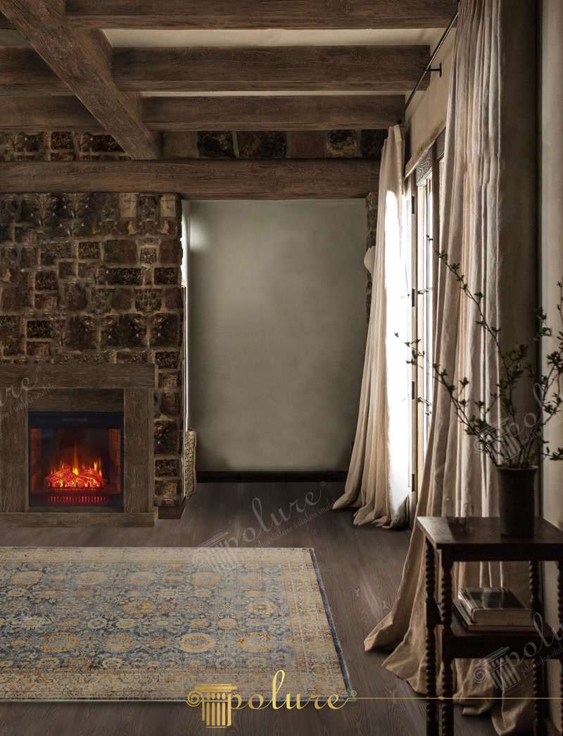 Front View Photo of Rustic Stone Fireplace Room
