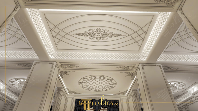 Ornate White Coffered Ceiling with LED Cove Lighting