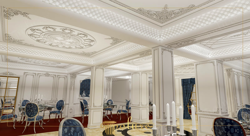 Banquet Hall Interior with Coffered Ceiling and Pillars