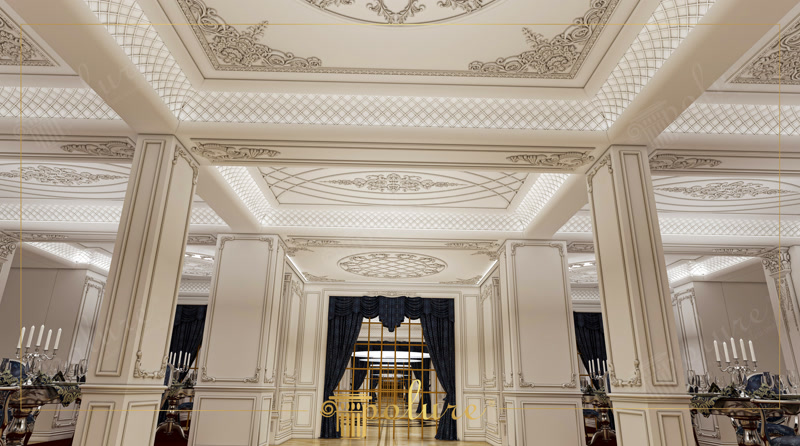 Symmetrical Grand Hall with White Pillars and Coffered Ceiling