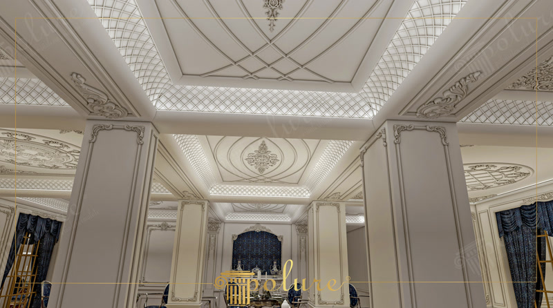 White Coffered Ceiling Grid with Lattice Cove Lighting