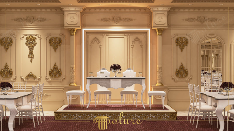 Bridal Head Table Stage Backdrop with Gold Wall Crests