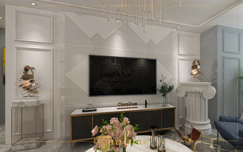 Front View Photo of Geometric TV Wall with Ionic Stand