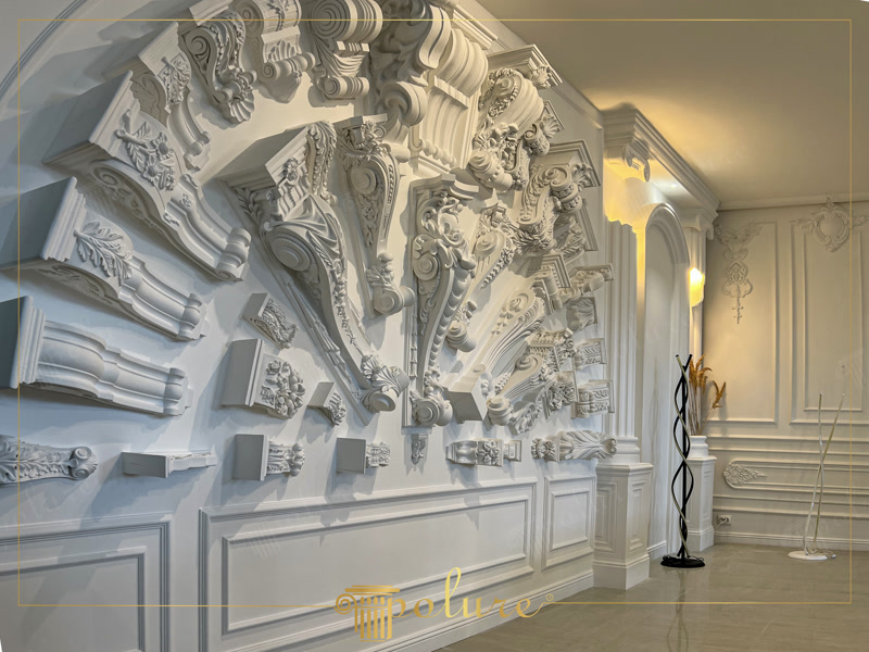 Oblique Showroom Photo of White Corbel Samples