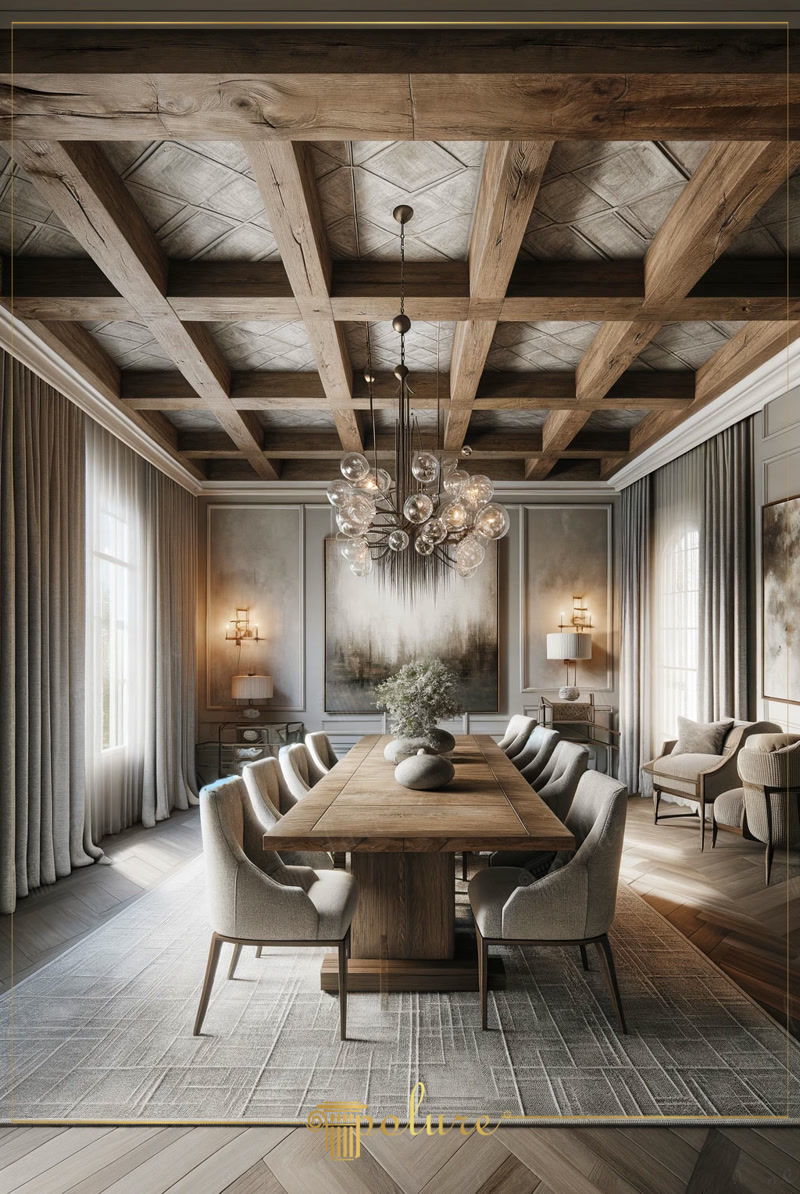 Front View Photo of Dining Room with Coffered Ceiling