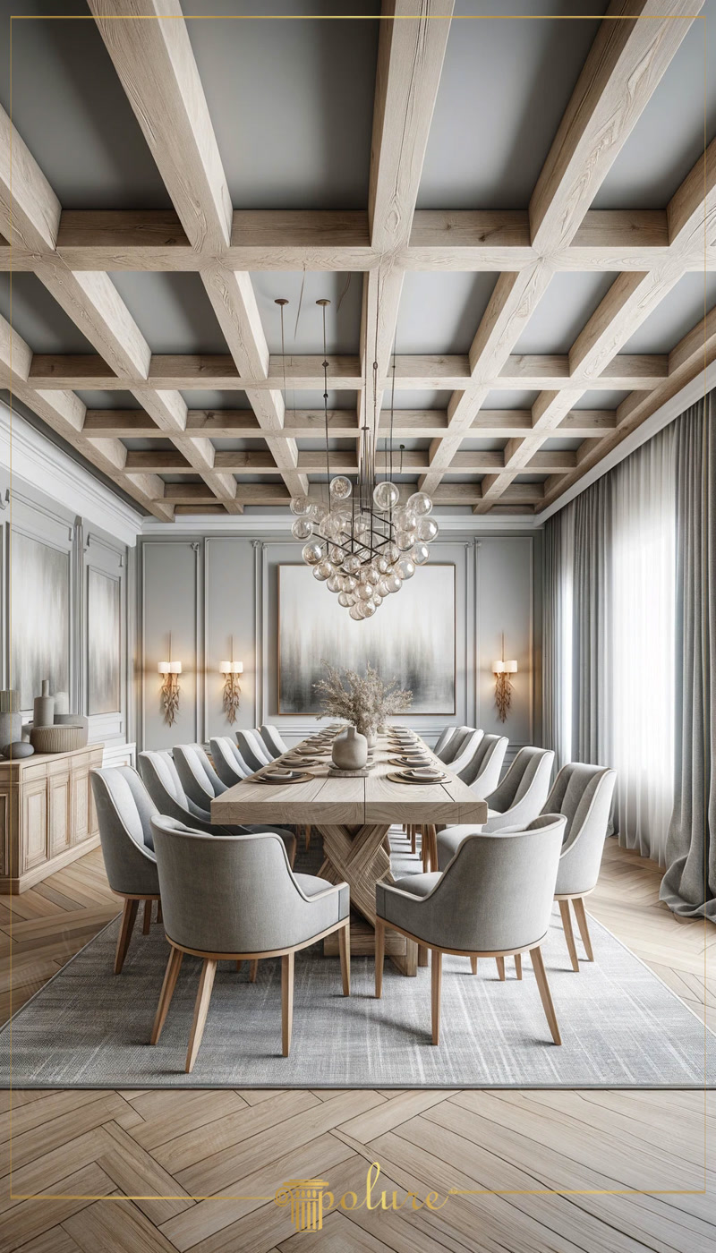 Front View Photo of Light Oak Coffered Dining Hall