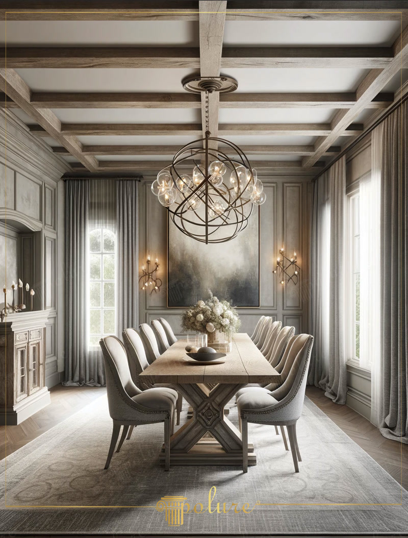 Front View Photo of Dining Room with Armillary Chandelier
