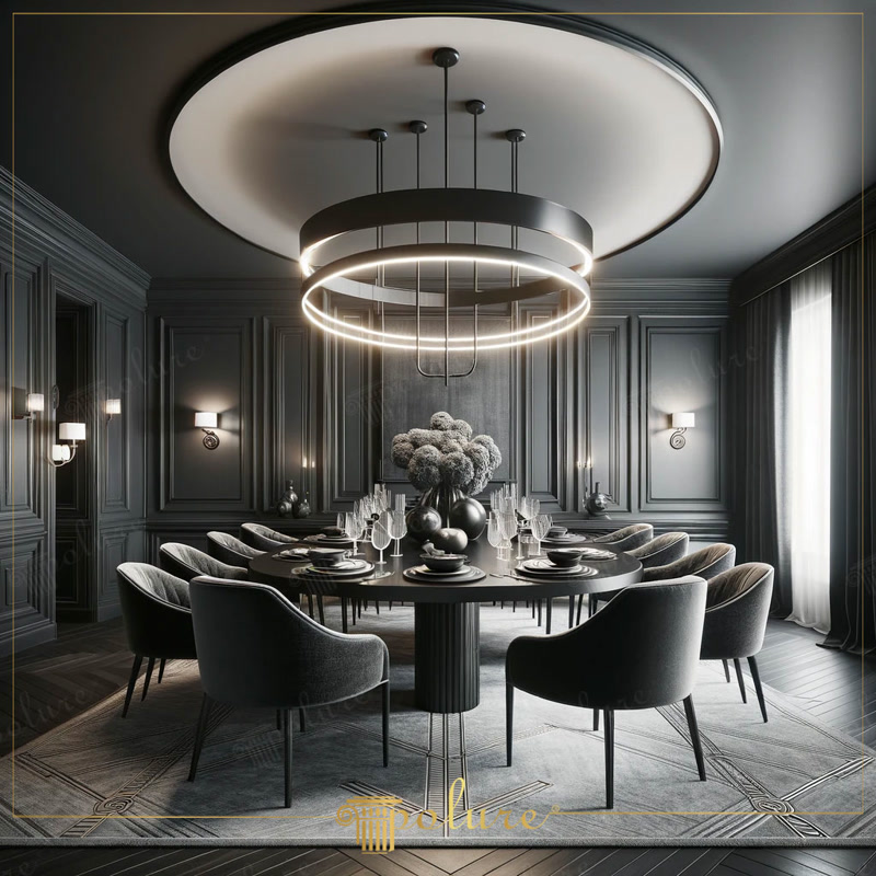 Front View Photo of Dark Grey Dining Room with Ring Chandelier