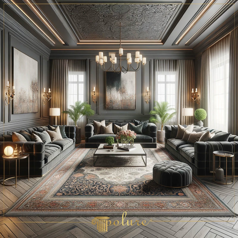 Front View Photo of Dark Grey Salon with Carved Ceiling