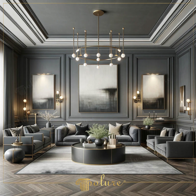 Front View Photo of Slate Grey Lounge with Triptych Art