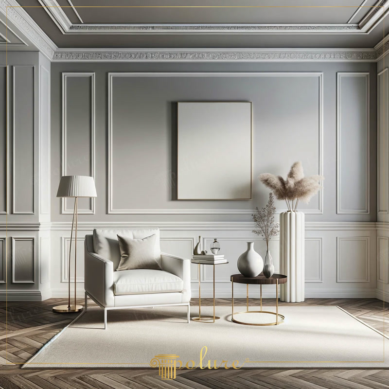 Front Wall Photo of Light Grey Room with Blank Frame