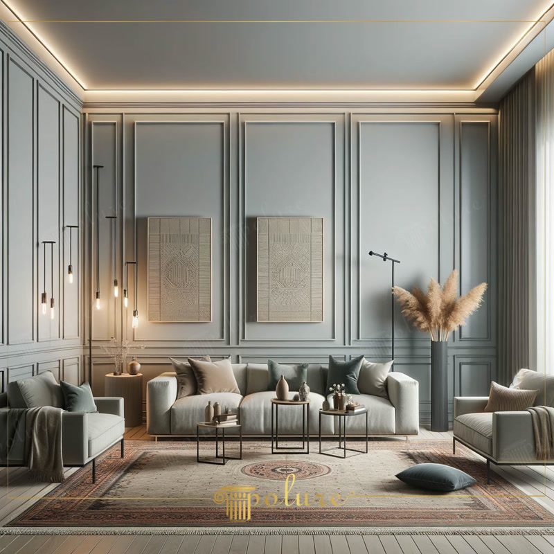 Front View Photo of Slate Grey Lounge with Tube Lights