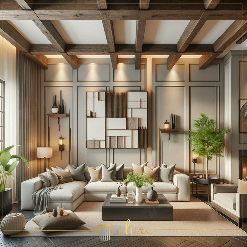 Front View Photo of Modern Lounge with Grid Artwork