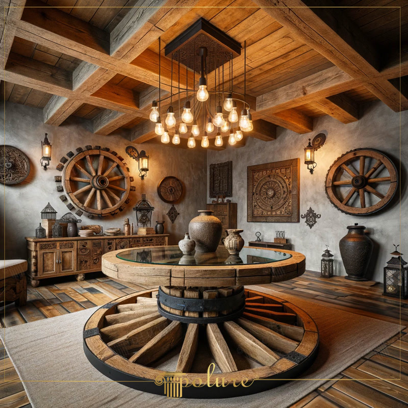 Front View Photo of Rustic Showroom with Wagon Wheel Table